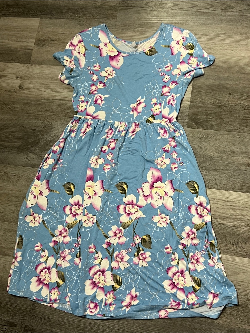 Blue Floral Midi Dress with Pink & Cream Blooms